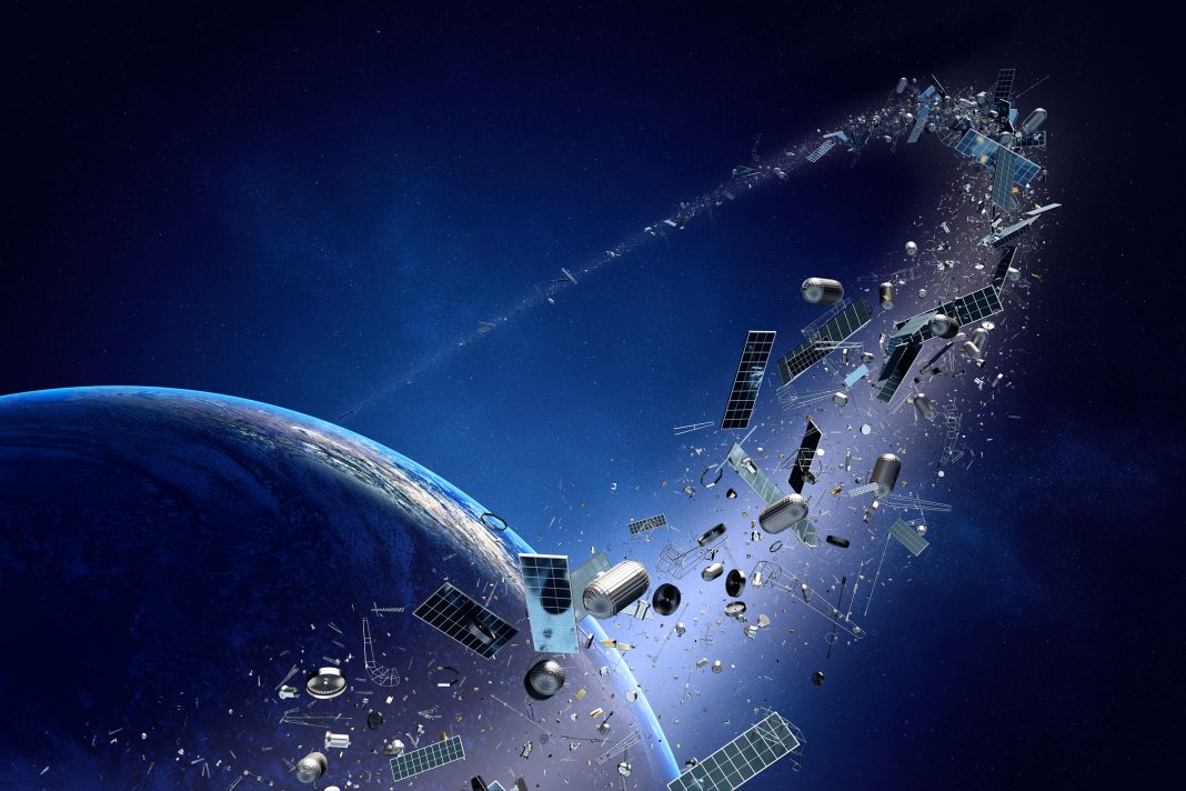 Space junk orbiting around earth - Conceptual of pollution around our planet - 3D Artwork