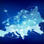 Europe map polygonal with spot lights places