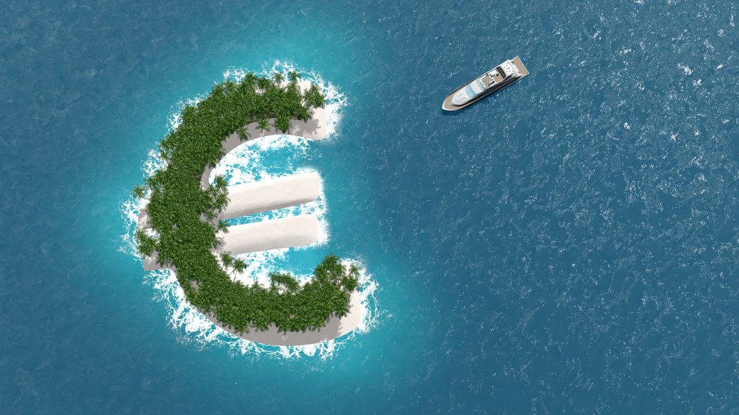 Tax haven, financial or wealth evasion on a euro island. A luxury boat is sailing to the island.