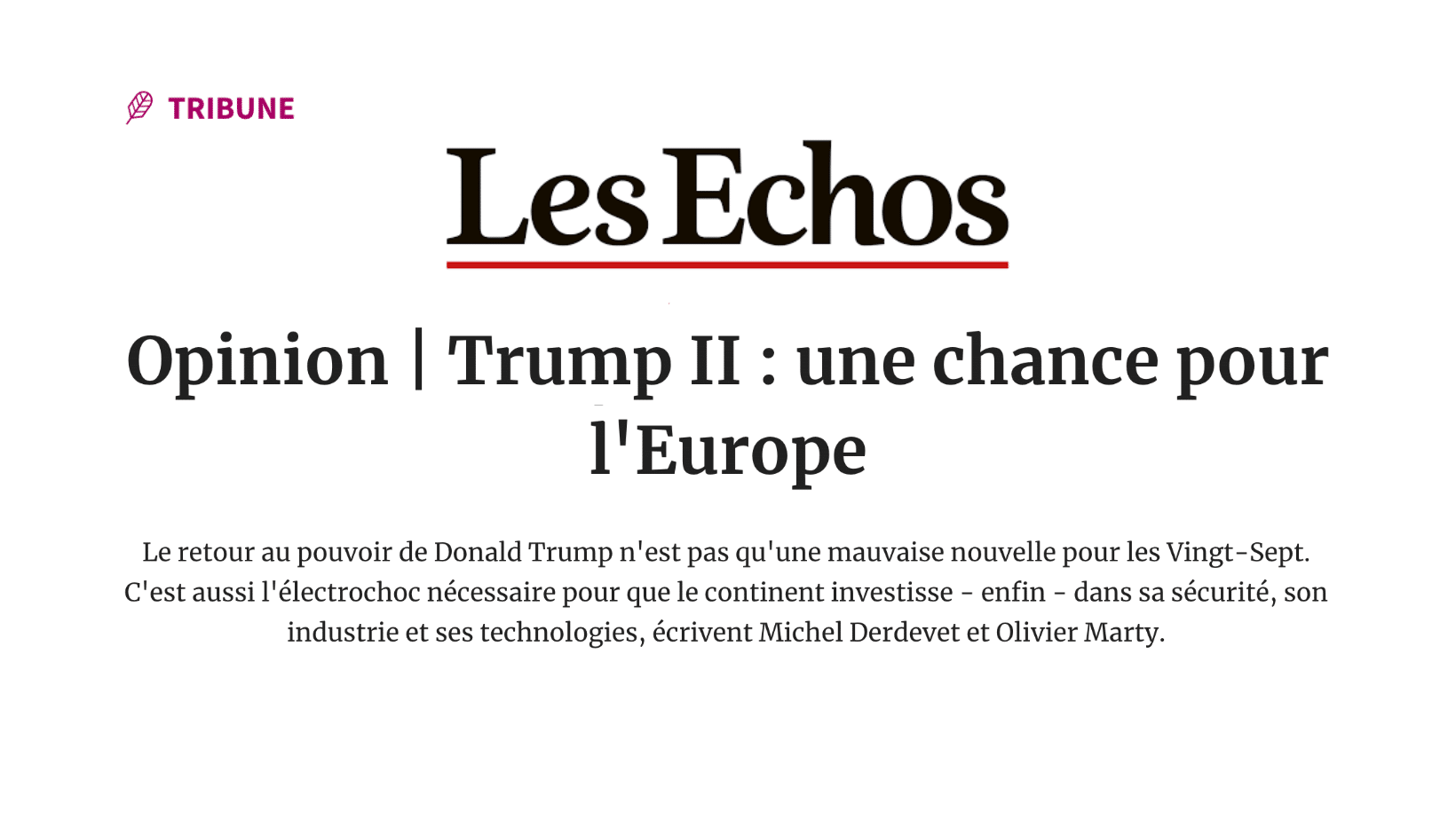 Tribune | Les Échos – Le Cercle : « Trump II : une chance pour l’Europe »